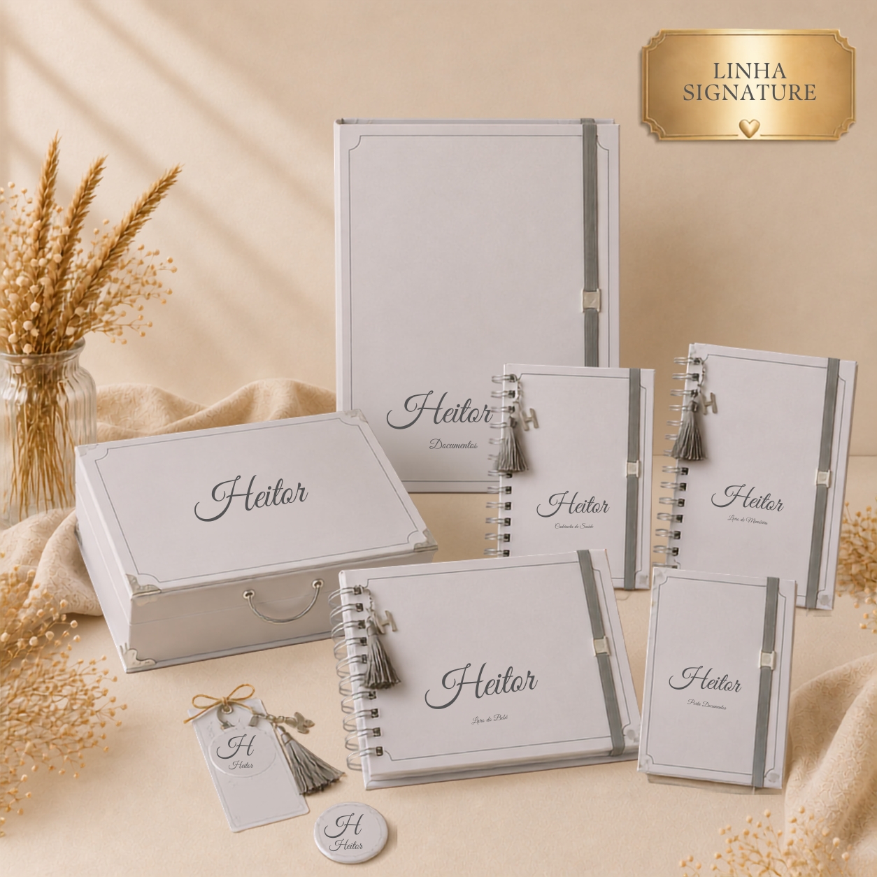 15581676618-cinza-com-nome-no-canto.jpg Kit Maternidade Personalizado Cinza Nobre 6 Peças | Caderneta de Vacina, Livro do Bebê, Pasta, Porta Documentos, Caderno de mensagens e Caixa de Memórias. - Imagem 1